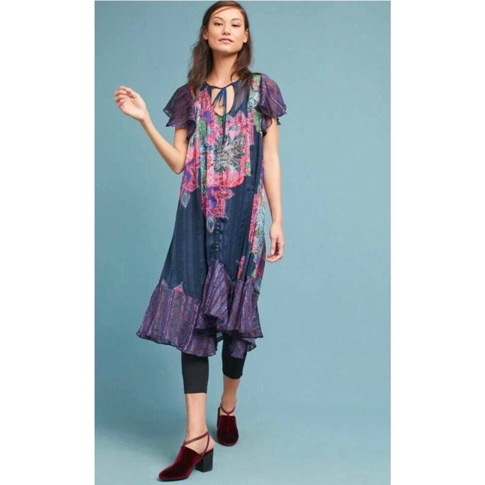 Anthropologie Maeve Loren Flutter Short Sleeve Button Down Sheer Midi Dress XS